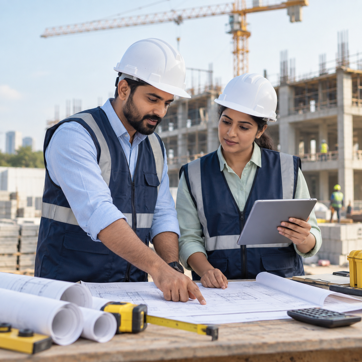 Construction professionals reviewing site plans and a tablet at a building site