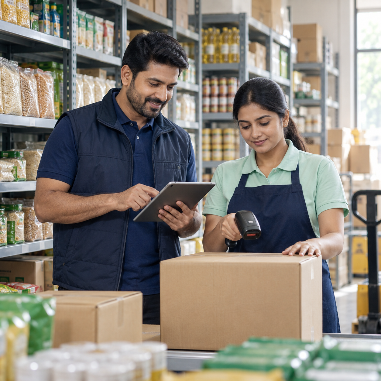 Retail and distribution professionals checking packaged stock with a tablet
